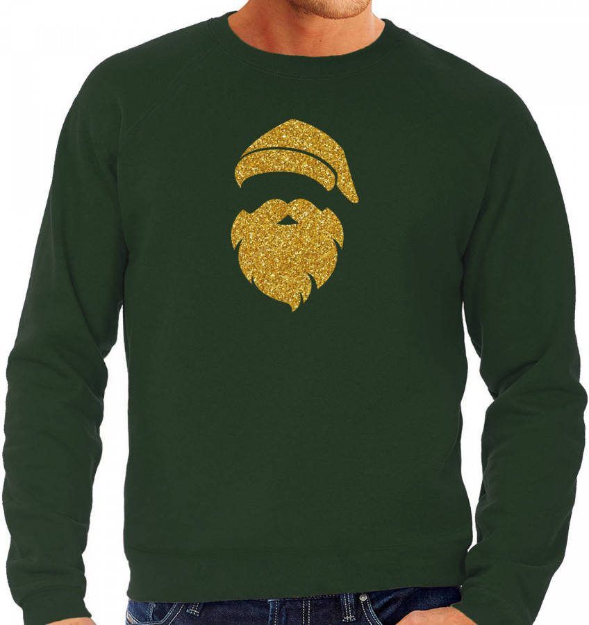 Bellatio Decorations Kerstman Hoofd Kerst Sweater/Trui Groen Voor Heren Met Gouden Glitter Bedrukking M Kerst Truien