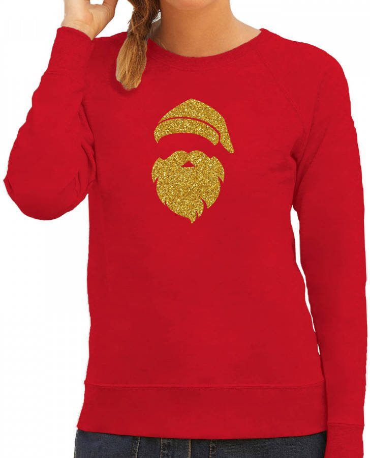 Bellatio Decorations Kerstman Hoofd Kerst Sweater/Trui Rood Voor Dames Met Gouden Glitter Bedrukking 2xl Kerst Truien