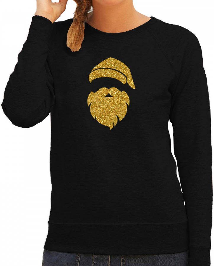 Bellatio Decorations Kerstman Hoofd Kerst Sweater/Trui Zwart Voor Dames Met Gouden Glitter Bedrukking 2xl Kerst Truien
