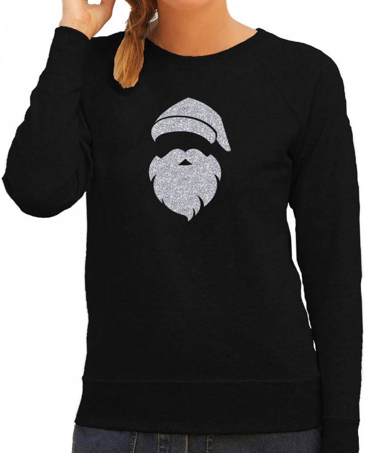 Bellatio Decorations Kerstman Hoofd Kerst Sweater/Trui Zwart Voor Dames Met Zilveren Glitter Bedrukking 2xl Kerst Truien