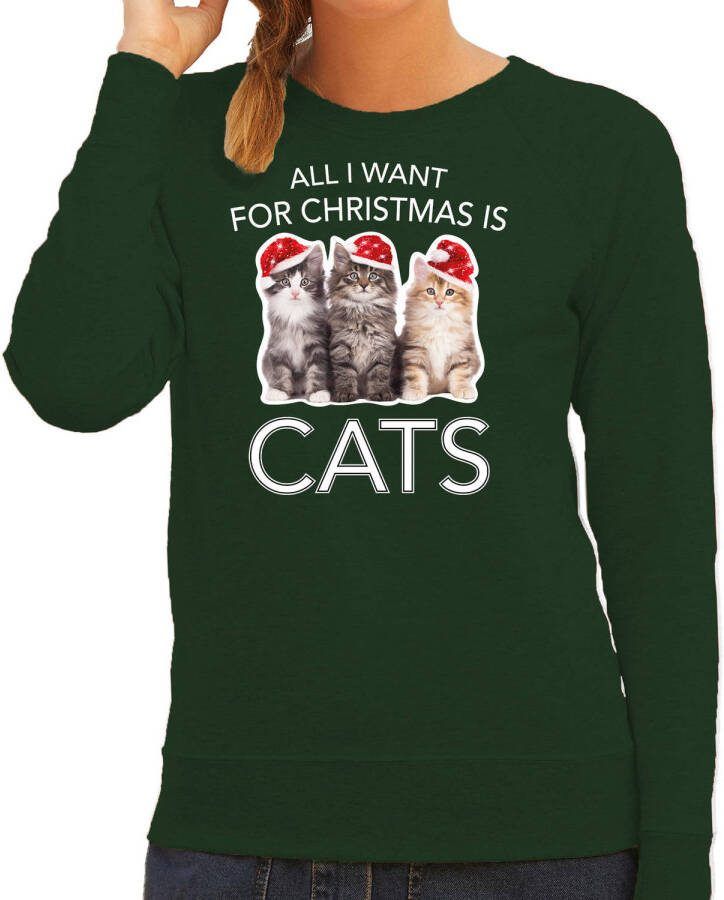 Bellatio Decorations Kitten Kerst Sweater/Outfit All I Want For Christmas Is Cats Groen Voor Dames L Kerst Truien
