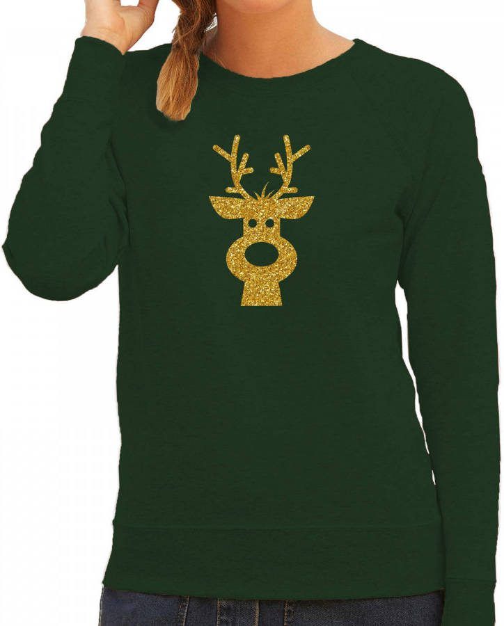 Bellatio Decorations Rendier Hoofd Kerst Sweater/Trui Groen Voor Dames Met Gouden Glitter Bedrukking Xl Kerst Truien