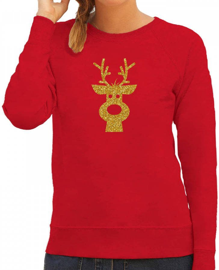 Bellatio Decorations Rendier Hoofd Kerst Sweater/Trui Rood Voor Dames Met Gouden Glitter Bedrukking L Kerst Truien