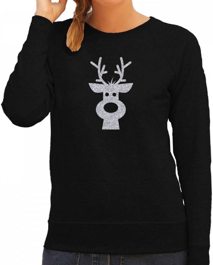 Bellatio Decorations Rendier Hoofd Kerst Sweater/Trui Zwart Voor Dames Met Zilveren Glitter Bedrukking Xl Kerst Truien