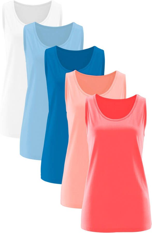 bpc bonprix collection Katoenen longtop (set van 5), lichtkoraal+kreeftrood+lichtblauw+azuurblauw+wit