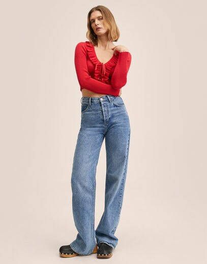 Mango Moulin fijngebreid cropped vest met ruches en ribstructuur