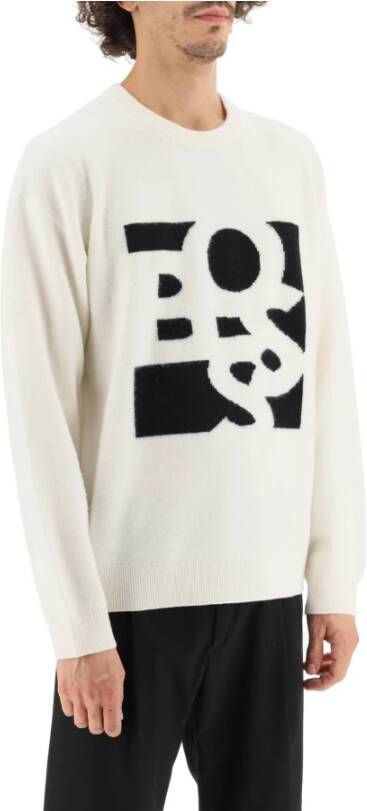 Boss virgin wool and cashmere sweater with shaken logo , Wit, Heren
