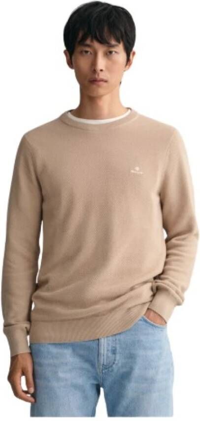 Gant Piqué Sweater met Ronde Hals Dry Sand Heren