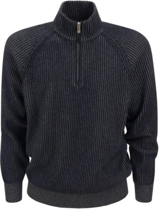 BRUNELLO CUCINELLI Trui met zipopening en raglan mouw , Blauw, Heren