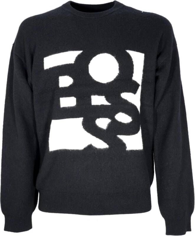 Hugo Boss Wollen bemanning breien met Jacquard logo brak uit contrasterende mannen baas 50477350 zwart , Zwart, Heren