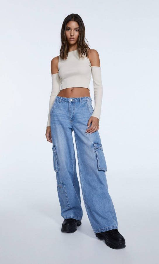 Stradivarius Cargojeans Met Wijde Pijpen Medium Lichtblauw Denim 32