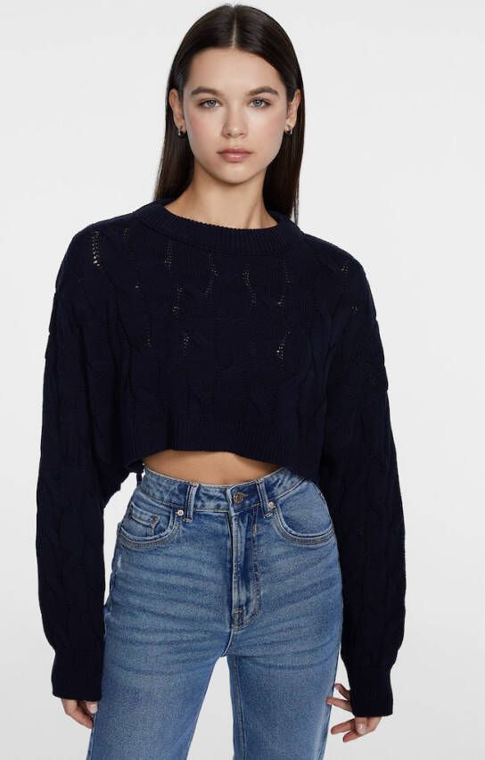 Stradivarius Cropped Gevlochten Trui Marineblauw
