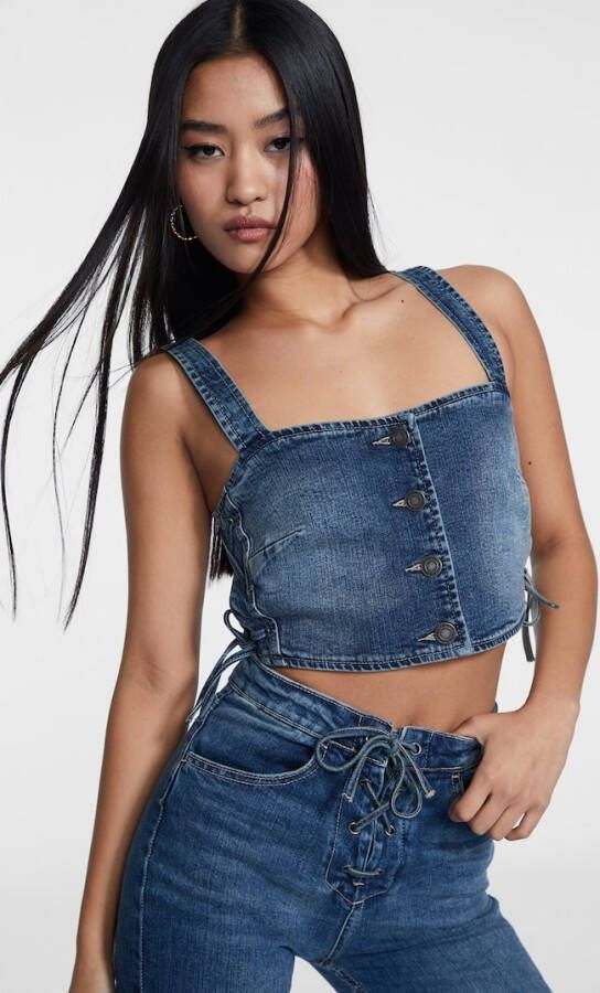 Stradivarius Denim Top Medium Donkerblauw Denim