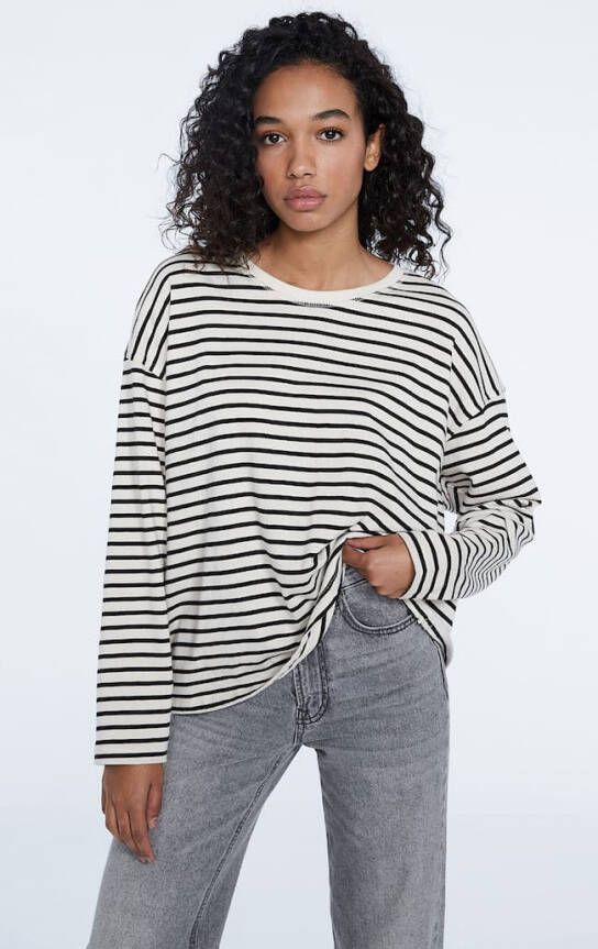 Stradivarius Gestreept T Shirt Ecru