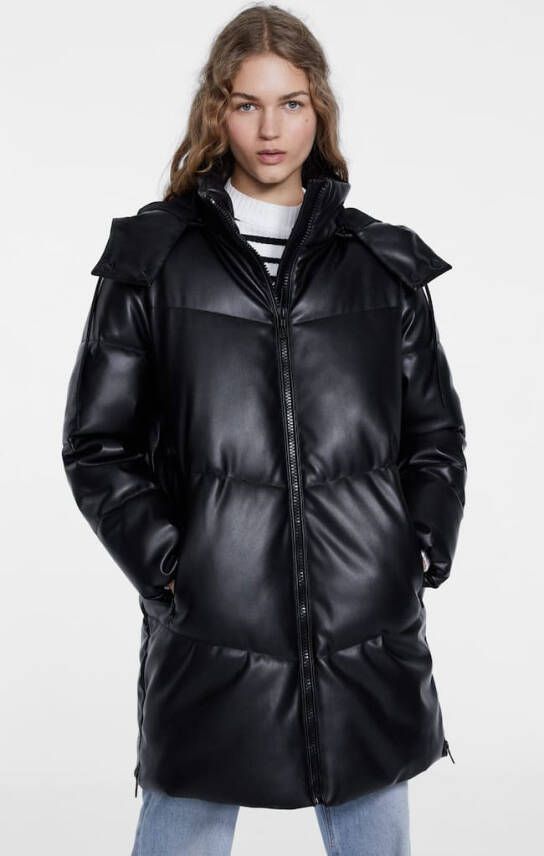 Stradivarius Lang Donsjack Met Leereffect En Capuchon Zwart