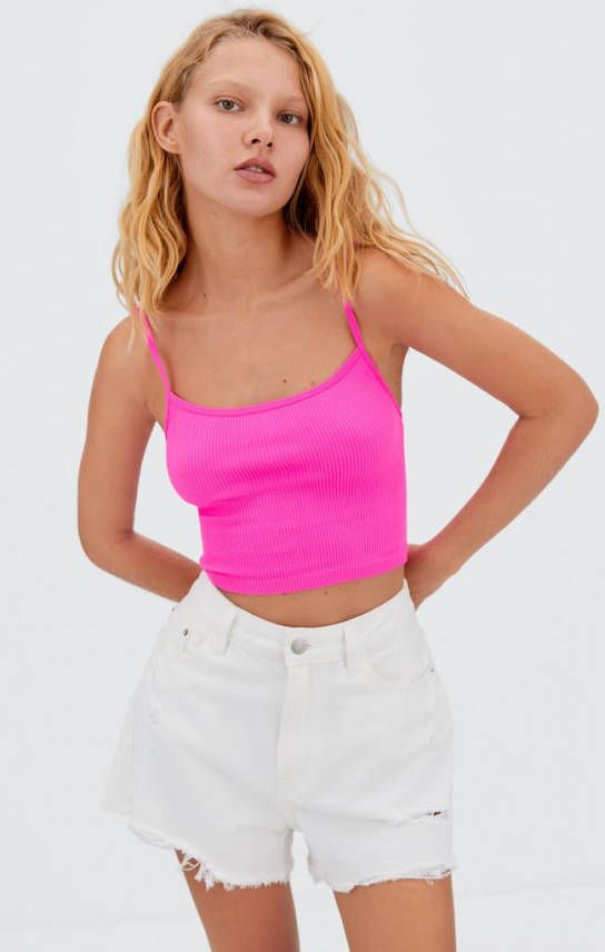 Stradivarius Naadloze Crop Top Met Bandjes Fluorescerend Roze