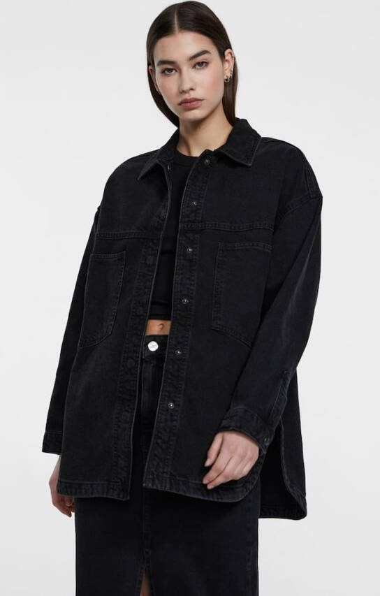Stradivarius Oversized Denim Overshirt Zwart Gewassen Denim