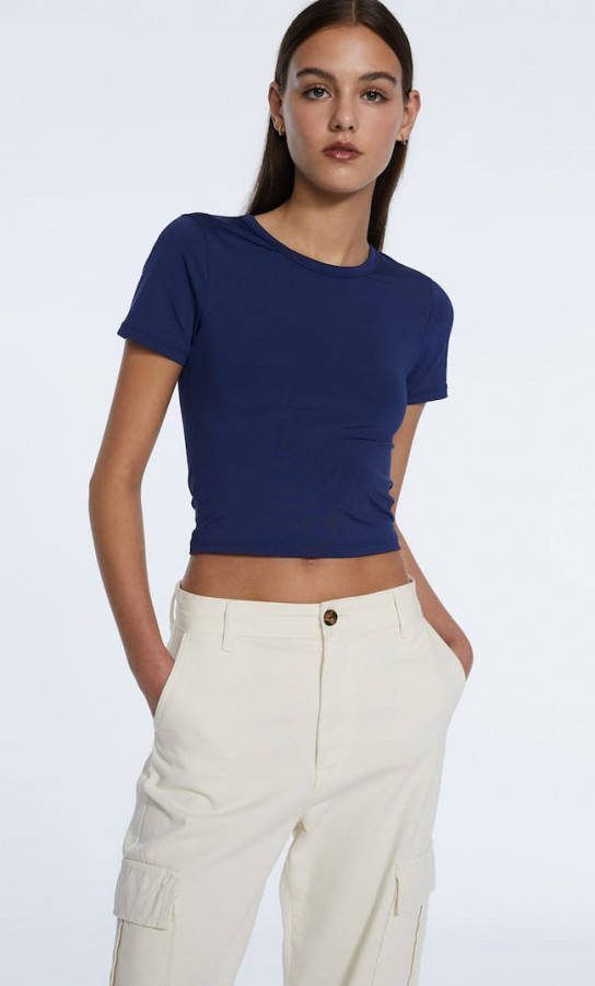 Stradivarius Polyamide Top Met Korte Mouw Marineblauw
