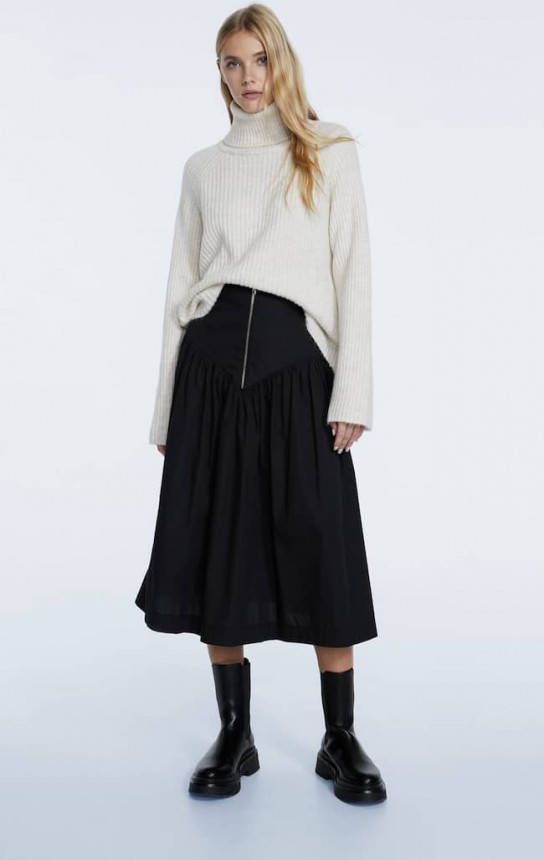 Stradivarius Popeline Halflange Rok Met Rits Zwart