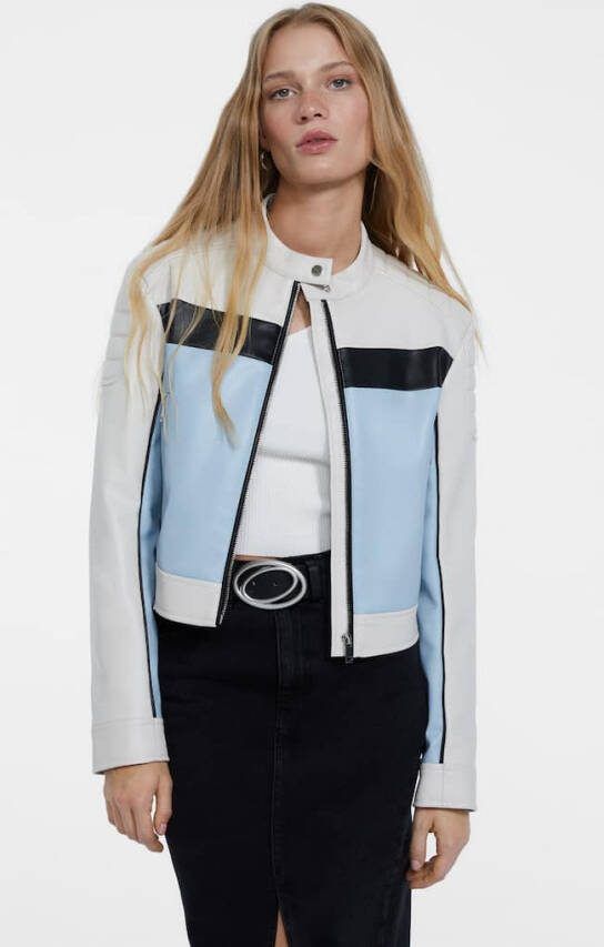 Stradivarius Pu Bikerjack Met Color Block Hemelsblauw
