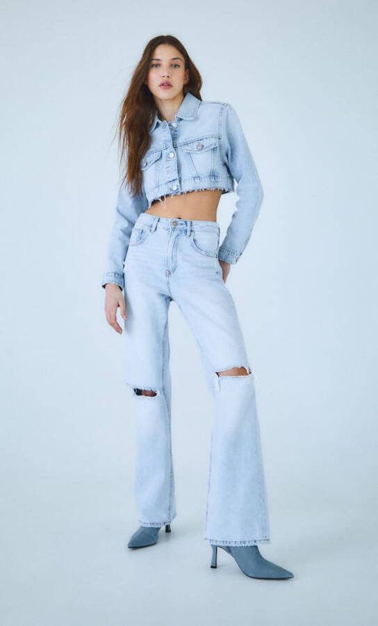 Stradivarius Recht Model Jeans Met Wijde Pijpen Medium Lichtblauw Denim 40