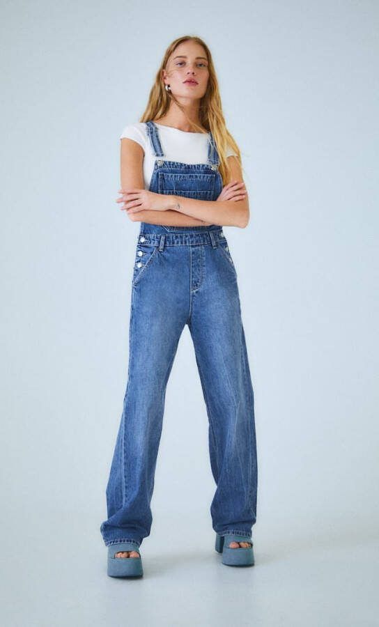 Stradivarius Rechte Denim Tuinbroek Medium Donkerblauw Denim 40