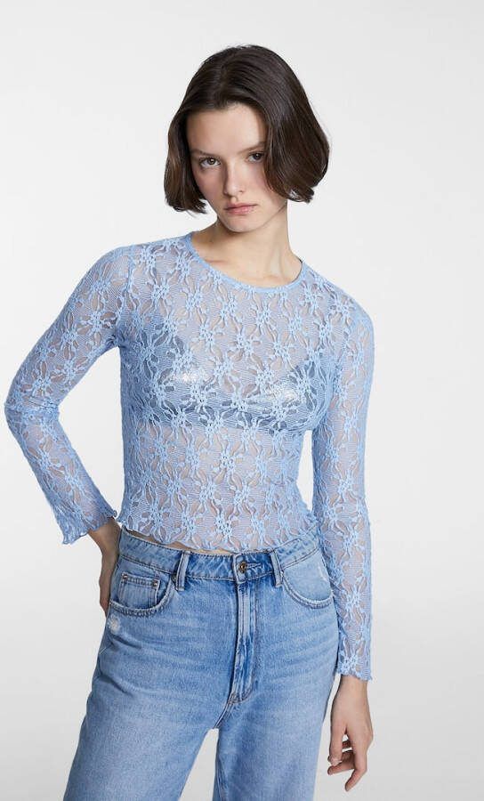 Stradivarius Transparant Kanten T Shirt Met Lange Mouwen Hemelsblauw