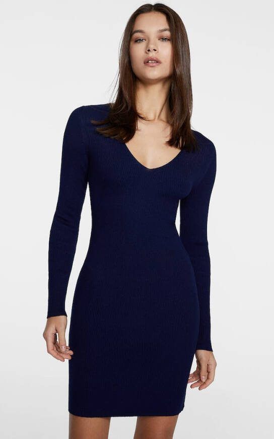Stradivarius Tricot Jurk Met V Hals Marineblauw