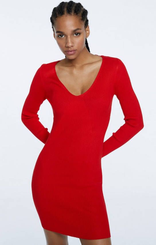 Stradivarius Tricot Jurk Met V Hals Rood