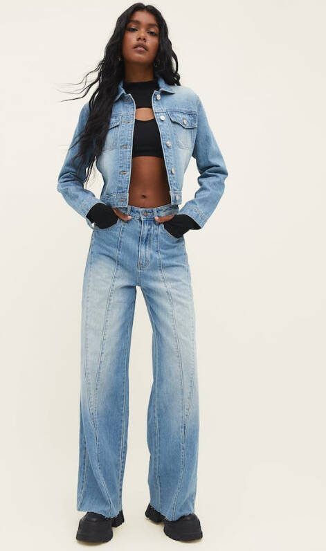 Stradivarius Wide Leg Jeans Met Naden Zwart Denim Donker 42