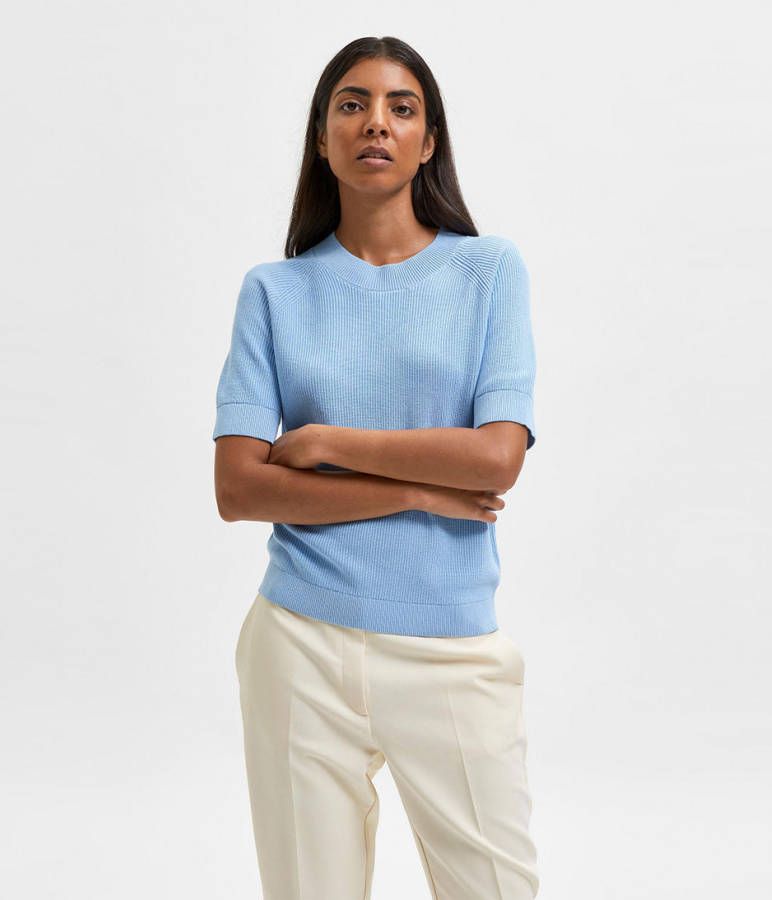 Selected Femme Tops Elinna Shortsleeve Knit Top B Coll Blauw