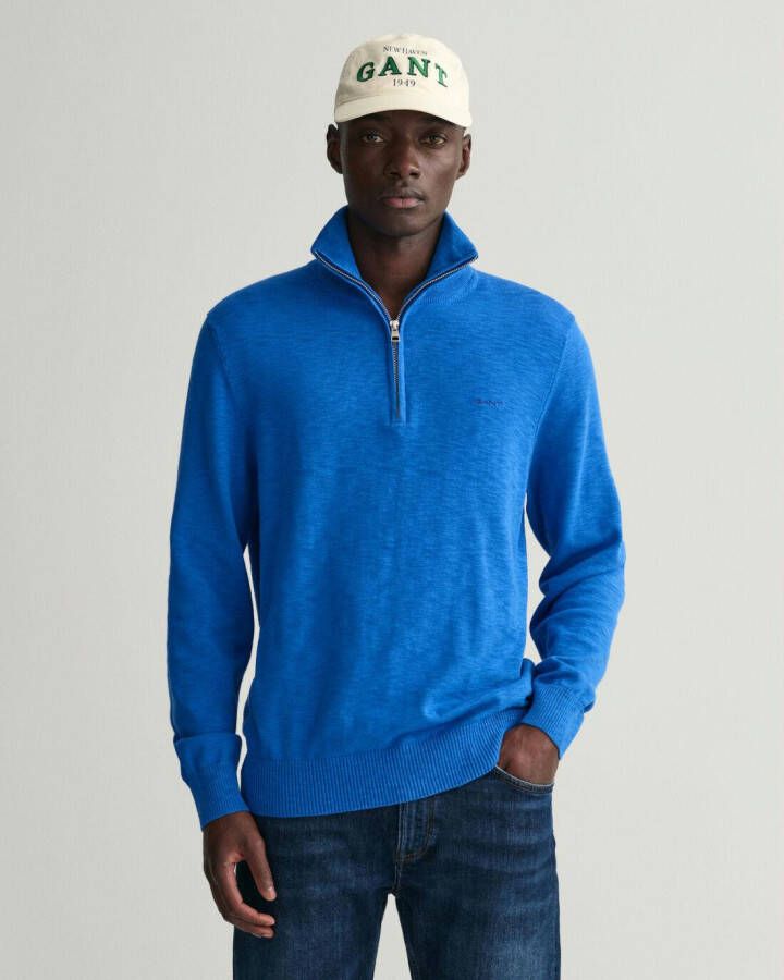 Gant trui blauw effen katoen opstaande kraag halve ritsje