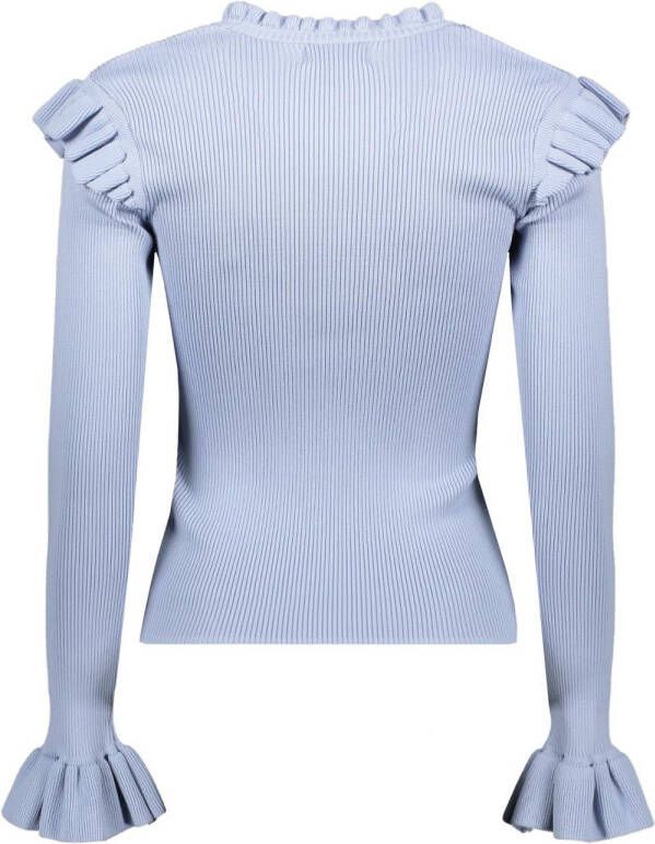 ONLY ribgebreide trui ONLSALLY met ruches lichtblauw