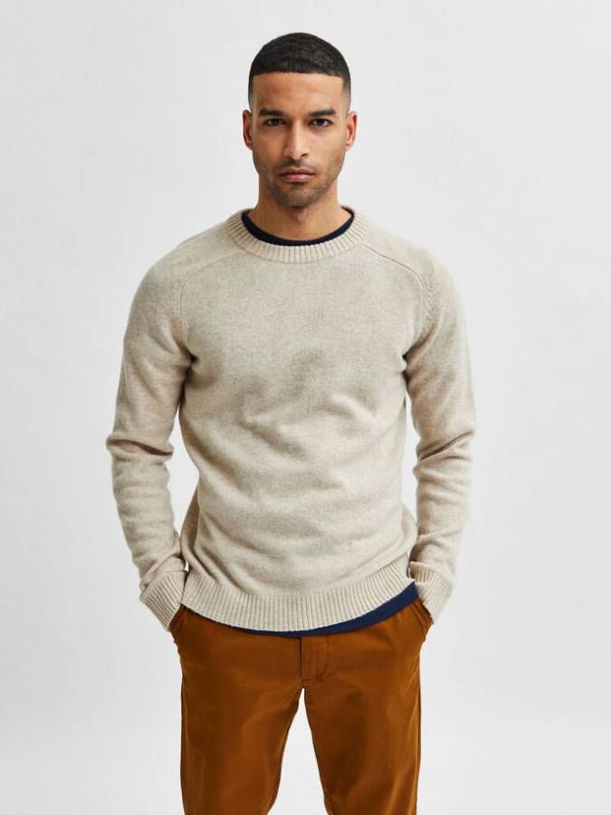 Selected Homme Beige Trui Newcoban Lambs Wool Crew Neck W