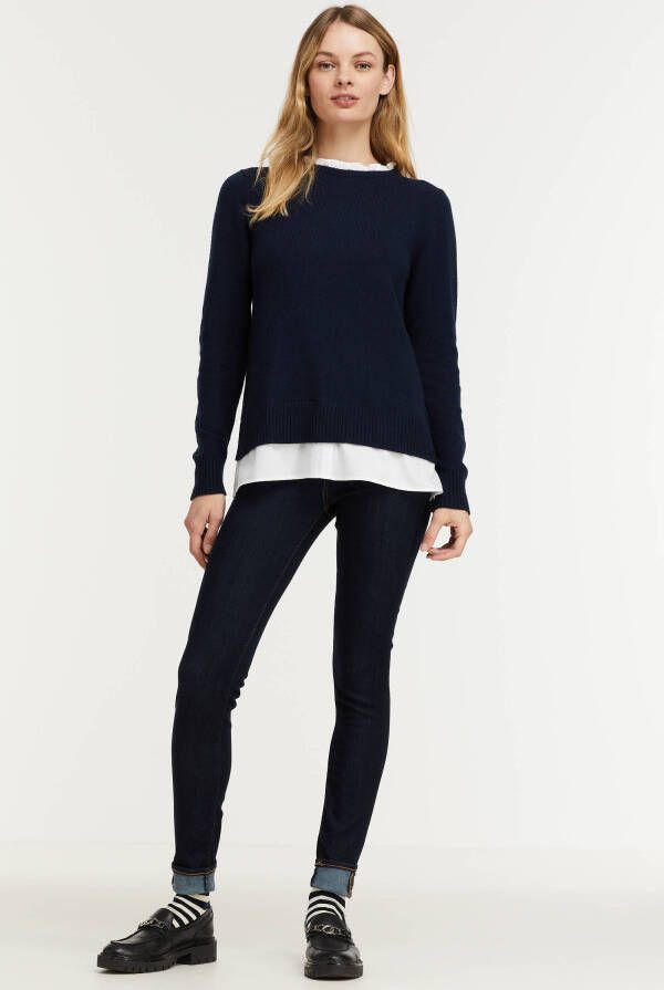 ESPRIT Women Casual fijngebreide trui met ruches donkerblauw/wit