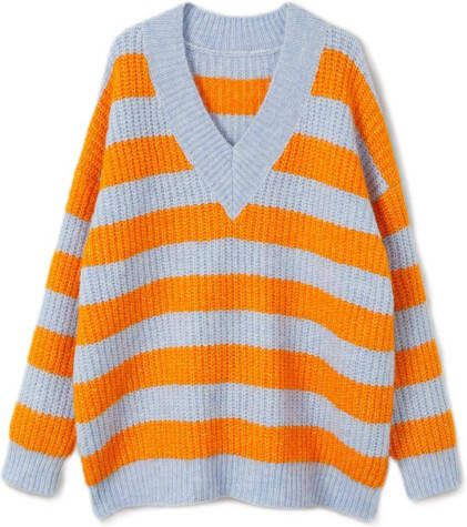 Mango gestreepte grofgebreide trui oranje/blauw