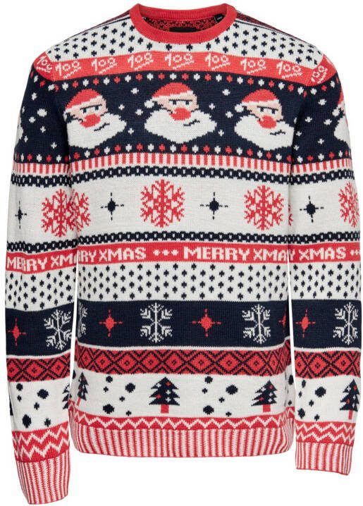 ONLY & SONS kersttrui ONSX MAS met all over print rood/zwart