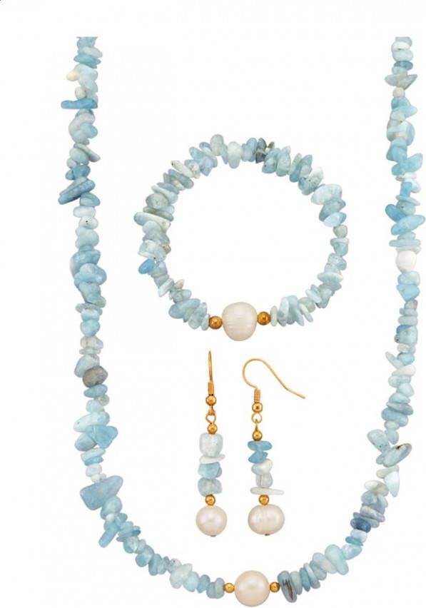 KLiNGEL 3 delige sieradenset met aquamarijn en cultivé zoetwaterparels Multicolor