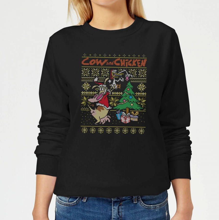 Cartoon Network Cow and Chicken Cow And Chicken Kerstmis Dames Trui Zwart 4XL Zwart